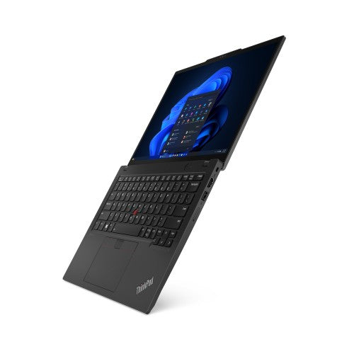 Black Lenovo ThinkPad X13 Gen 5 laptop angled open with WUXGA screen and keyboard visible.