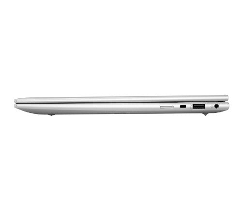Silver HP EliteBook G11 slim laptop closed, showcasing left-side ports including USB and headphone jack.