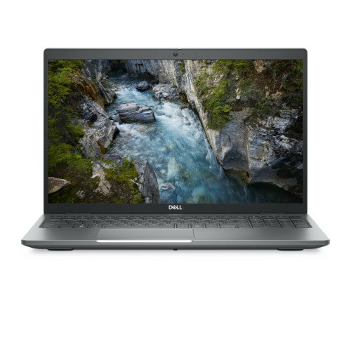 Grey Dell Precision 3591 laptop with 15.6-inch display showing a river flowing through rocky terrain.