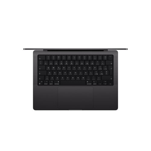 Black Apple MacBook Pro 14-inch open showing keyboard with large trackpad and slim design.