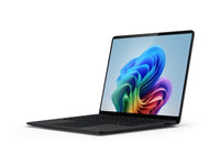 Black Microsoft Surface Laptop 7 with 13.8-inch touchscreen displaying colorful abstract wallpaper.