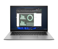 HP ZBook Firefly G11 14-inch gray laptop with slim bezel display showing charts and graphs on screen.