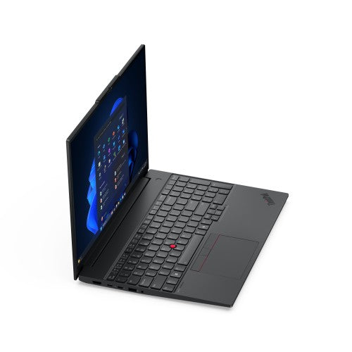 Black Lenovo ThinkPad E16 Gen 3 laptop open at an angle showing keyboard and screen with Windows 11 interface.