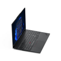 Black Lenovo ThinkPad E16 Gen 3 laptop open at an angle showing keyboard and screen with Windows 11 interface.
