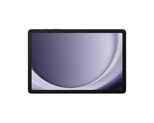 Samsung Galaxy Tab A9+ tablet in graphite with 11-inch display showing abstract purple-gray wallpaper.