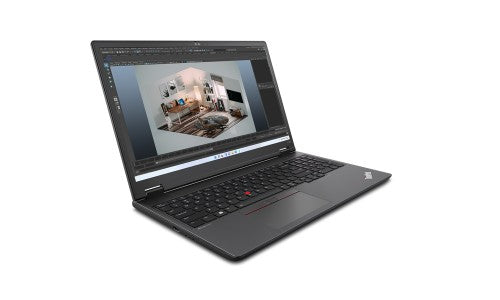 Lenovo ThinkPad P16v Gen 1 laptop with 16-inch display, black chassis, and open screen showing 3D design software.