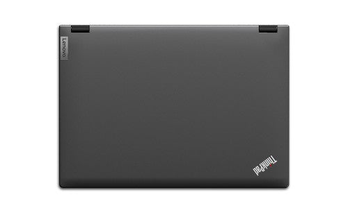Black Lenovo ThinkPad laptop closed view with subtle texture and ThinkPad logo on corner.