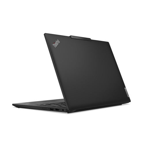 Lenovo ThinkPad X13 Gen 5 laptop in black partially open, showing slim design and rear ports with ThinkPad logo on lid.