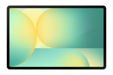 Samsung Galaxy Tab S10 FE+ with 13.1-inch display showing abstract yellow and green background.