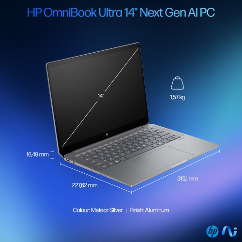 HP OmniBook Ultra 14-fd0002na Copilot+ PC AMD Ryzen AI 9 365 Laptop 35.6 cm (14") Touchscreen 2.2K 32 GB LPDDR5x-SDRAM 1 TB SSD Wi-Fi 7 (802.11be) Windows 11 Home Silver