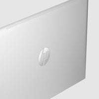 Silver HP ProBook laptop lid with reflective HP logo centered on top surface.