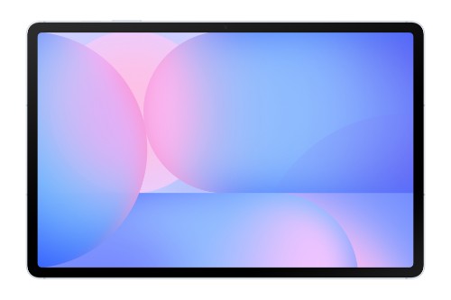 Samsung Galaxy Tab S10 FE+ 5G tablet with 13.1-inch display showing a blue and pink abstract wallpaper.