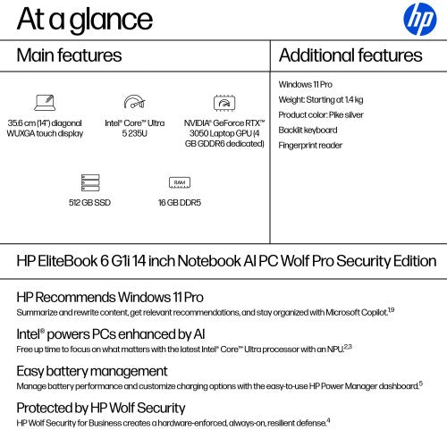 HP EliteBook 6 G1i 14 inch Notebook AI PC Wolf Pro Security Edition Intel Core Ultra 5 235U Laptop 35.6 cm (14") Touchscreen WUXGA 16 GB DDR5-SDRAM 512 GB SSD Windows 11 Pro Silver