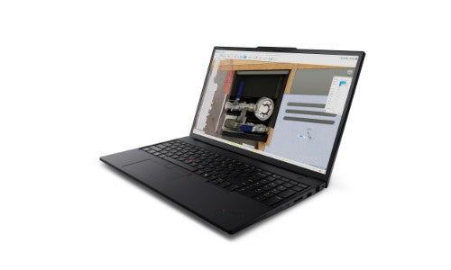Black Lenovo ThinkPad P16v Gen 3 laptop open at an angle, showing keyboard and screen with engineering software displayed.