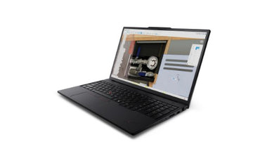 Black Lenovo ThinkPad P16v Gen 3 laptop open at an angle, showing keyboard and screen with engineering software displayed.