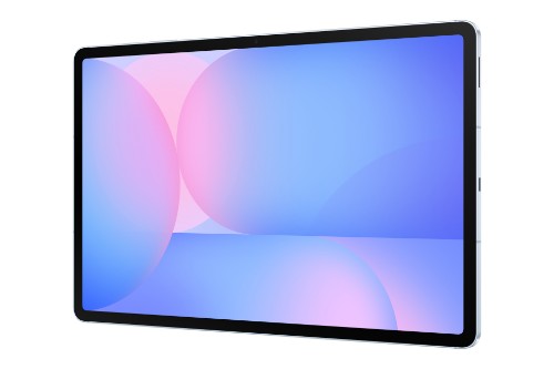 Samsung Galaxy Tab S10 FE+ 5G with 13.1-inch display and slim black bezels showing abstract blue and pink wallpaper.
