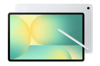 Samsung Galaxy Tab S10 FE+ tablet with 13.1-inch display in silver, showing front screen and rear camera, with white stylus.