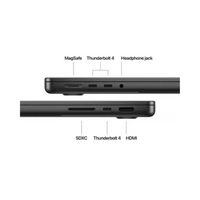 Black Apple MacBook Pro 14-inch side view showing MagSafe, Thunderbolt 4, headphone jack, SDXC, and HDMI ports.
