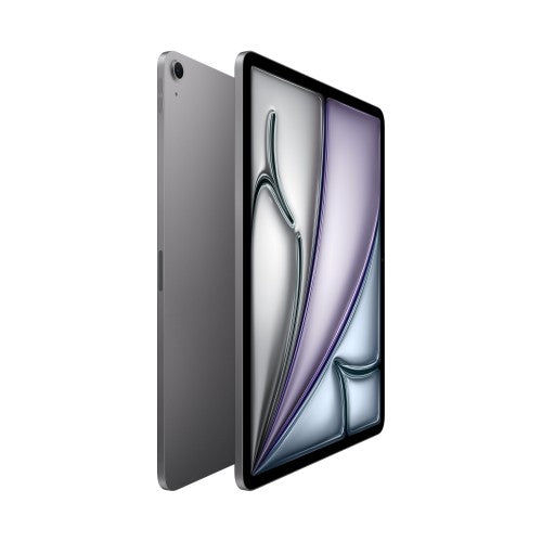 Grey Apple iPad Air 6th Gen with 13-inch display showing abstract wallpaper.