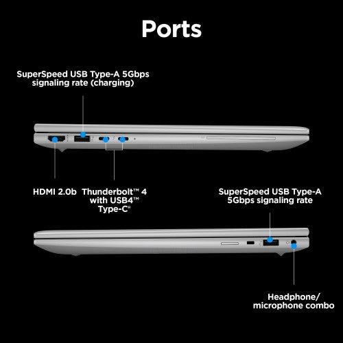 Slim grey HP ZBook Firefly G11 laptop side view showing USB Type-A, HDMI 2.0b, Thunderbolt 4, and headphone ports with labels.