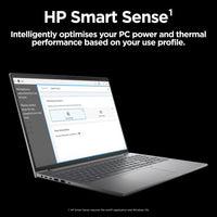 Sleek grey HP ZBook Power G11 laptop open, showing keyboard and software screen with HP Smart Sense interface.