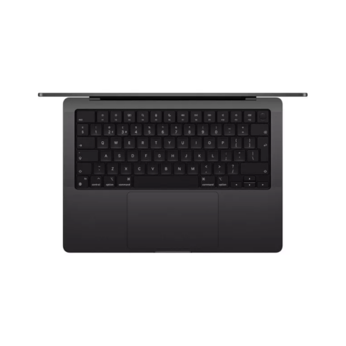 Black Apple MacBook Pro 14-inch laptop with slim profile, full keyboard, and large trackpad viewed from above.