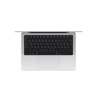 Silver Apple MacBook Pro 14-inch with black keyboard and large trackpad viewed from above.
