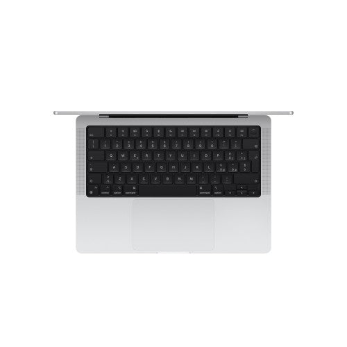 Silver Apple MacBook Pro 14-inch with black keyboard and slim profile viewed from top.