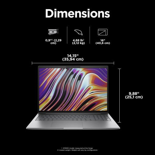 Open grey HP ZBook Power G11 laptop showing vibrant abstract wallpaper on 16-inch widescreen display with compact bezels and .