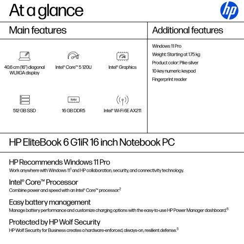 HP EliteBook 6 G1iR Intel Core 5 120U Laptop 40.6 cm (16") WUXGA 16 GB DDR5-SDRAM 512 GB SSD Wi-Fi 6E (802.11ax) Windows 11 Pro