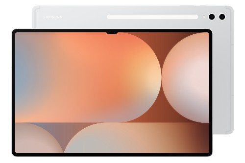 Samsung Galaxy Tab S10 Ultra 14.6-inch tablet with slim bezels, white back, and dual front cameras.