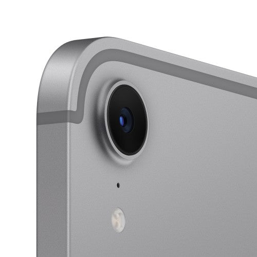 Close-up of grey Apple iPad mini 7th Gen rear corner showing single camera and flash.