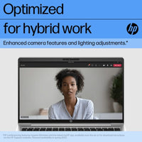 Silver HP ProBook 440 G10 laptop open showing video call with woman on 14-inch Full HD screen.