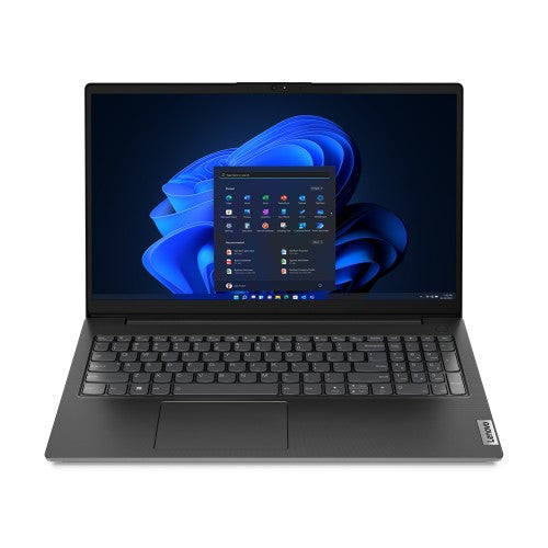 Lenovo black laptop with 15.6-inch Full HD display showing Windows 11 home screen.