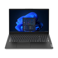 Lenovo black laptop with 15.6-inch Full HD display showing Windows 11 home screen.
