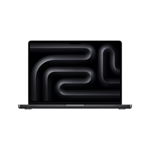 Black Apple MacBook Pro 14-inch with thin bezel display and dark abstract wallpaper.