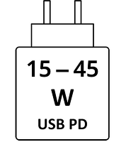 Black USB Power Delivery wall charger with foldable prongs and "W USB PD" text on front.