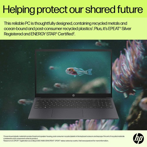 Silver HP 15.6-inch laptop open with Full HD display showing underwater scene with fish.