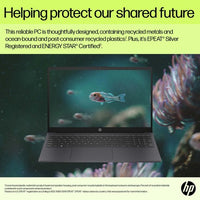Silver HP 15.6-inch laptop open with Full HD display showing underwater scene with fish.
