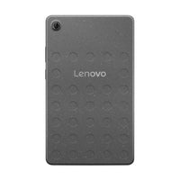 Grey Lenovo tablet with textured circle pattern and rear camera in top left corner.