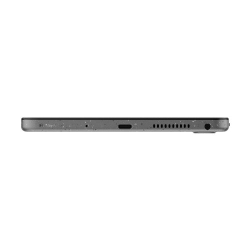 Slim grey Lenovo tablet side view showing charging port and speaker grille.