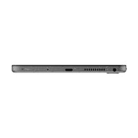 Slim grey Lenovo tablet side view showing charging port and speaker grille.
