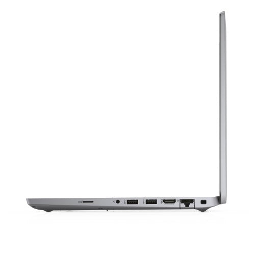 Slim grey Dell Latitude 5420 laptop open at side view showing ports and thin profile.