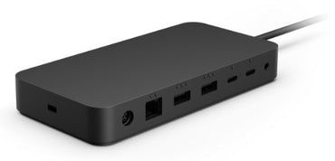 Black rectangular Microsoft Surface Thunderbolt 4 dock with multiple ports and attached cable.