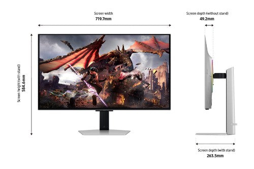 Samsung 32-inch Odyssey OLED UHD gaming monitor with ultra-thin bezel and sleek silver stand.