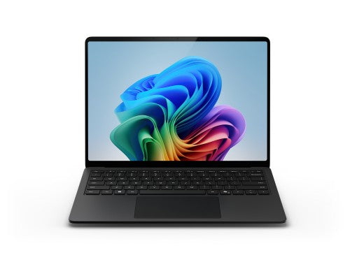 Black Microsoft Surface Laptop 7 with 13.8-inch touchscreen displaying colorful abstract wallpaper.