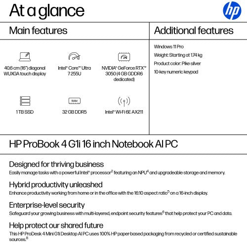Silver HP ProBook 16-inch laptop with touchscreen, displaying main feature icons on screen.