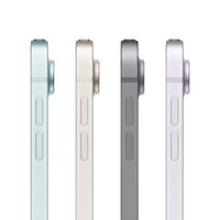 Side views of four Apple iPad Air tablets in blue, starlight, space gray, and purple colors showing volume buttons and.
