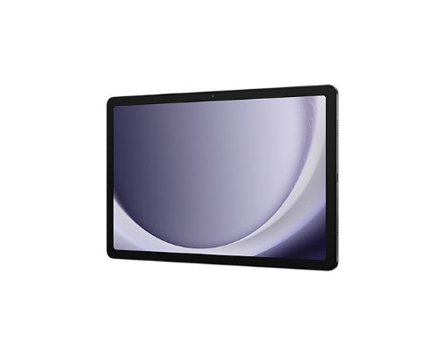 Samsung Galaxy Tab A9+ 11-inch tablet in graphite with slim bezels and abstract purple wallpaper on screen.