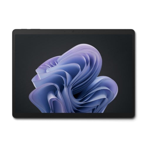 Black Microsoft Surface Pro 10 tablet with thin bezels displaying abstract purple and blue wallpaper on screen.
